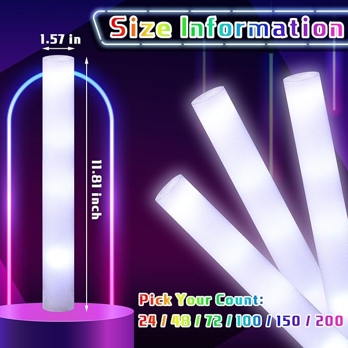 Liliful 200 Pcs LED Foam Sticks Bulk White Light up Sticks Flashing Glow Baton Wands Themed Party Set, Glow in the Dark Party Supplies for Wedding, Raves,Concert,Birthday,Sporting Events