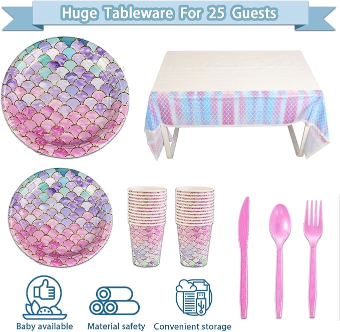 UJoyant 299 Pcs Mermaid Birthday Decorations, Mermaid Party Decorations Kit - Disposable Dinnerware Set with 25 Guests, Backdrop, Balloon, Banner, Tablecloth, Knives, Forks, Spoons, CakeTopper