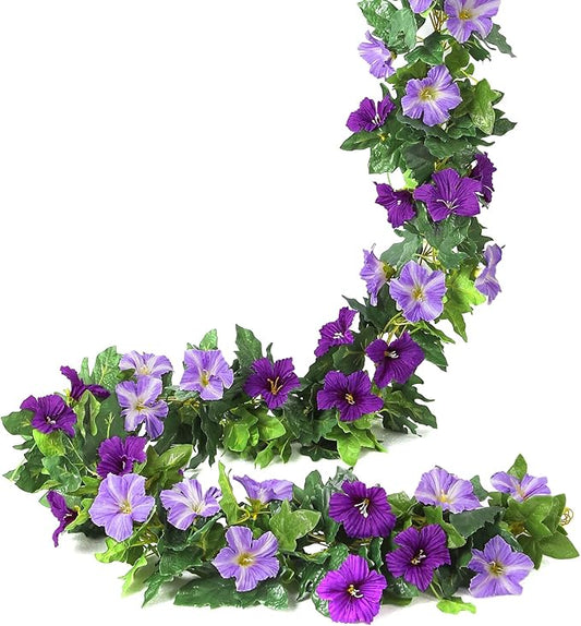 Floweroyal 6 Pack Artificial Flower Garlands 15.8FT Fake Morning Glory Vines Silk Flowers Hanging Garland Ivy for Wedding Arch Party Home Garden Wall Decor (Purple)