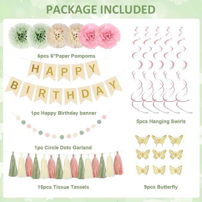 Pink and Green Birthday Decorations, Sage Green Pink Sand White Gold Balloons Happy Birthday Banner Fringe Curtains Butterfly Hanging Swirls Circle Dots Tassels Pompoms for Women Girls Party Supplie