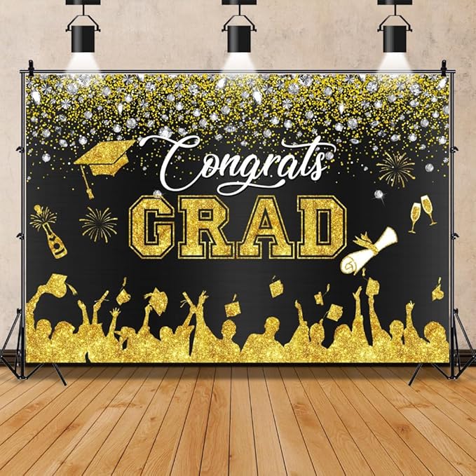 Leowefowa Congrats Grad Backdrop 10x6.5ft Black Gold Glitter Graduation Backdrops for Photography Congratulations Graduates Backdrop Banner Grad Prom Party Decor Grad Photo Booth Props