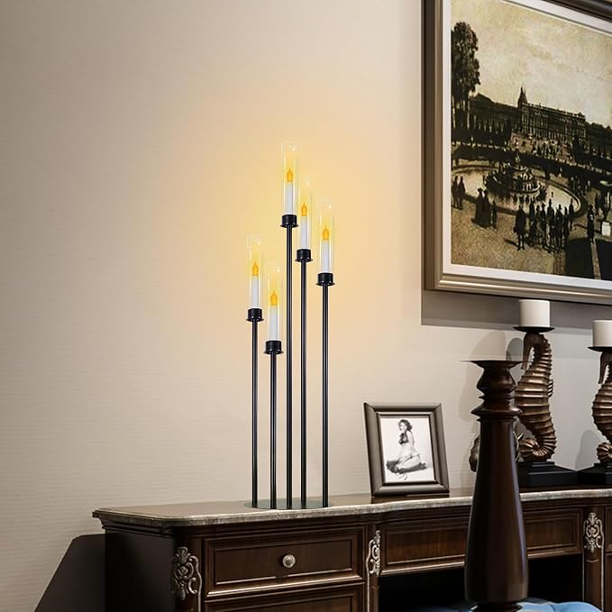 Black Candelabra with Glass Cylinders for Real Candles 5 Head Metal Candle Holder Wedding Centerpiece Ceremony Reception Event Party Home Decoration (1, L)