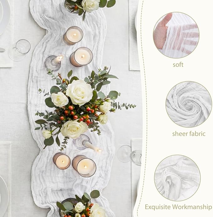 LemonRoad 4 Pcs 20ft Cheesecloth Table Runners Extra Long Boho Rustic Gauze Fabric Cheese Cloth Runner for Wedding Decorations Baby Shower Party Supplies Boho Table Bridal Shower Decor (Ivory)