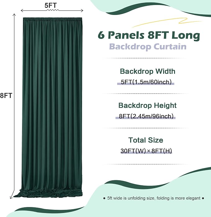 30ft x 8ft Wrinkle Free Hunter Green Backdrop Curtain for Jungle Parties, 6 Panels 5×8ft Soft Silky Green Polyester Photo Backdrop Drapes for Wedding Birthday Photography Christmas Background Cloth