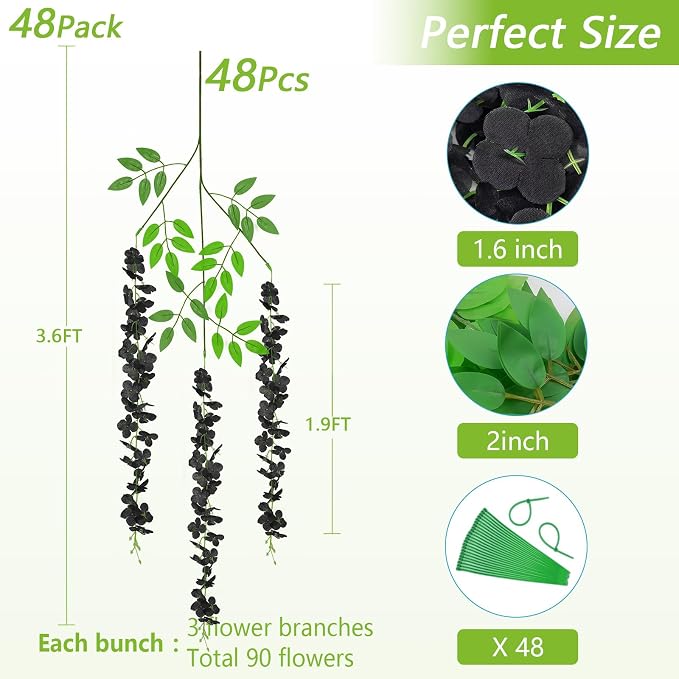 48Pcs Artificial Wisteria Hanging Flowers, 3.6Ft/Pcs Black Fake Wisteria Garland for Wedding Party Home Garden Indoor Outdoor Decoration