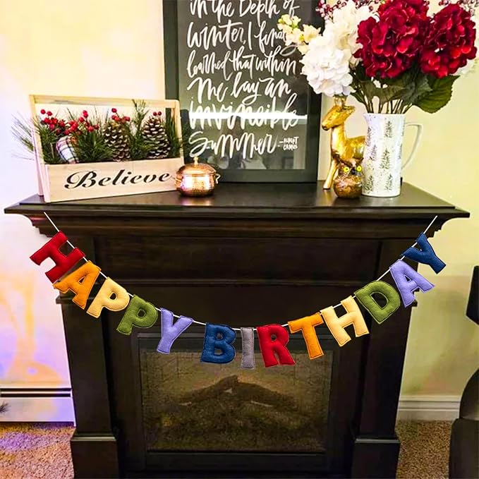 Pre-Strung Happy Birthday Banner - Retro Classic Birthday Party Decorations - Reusable HAPPY BIRTHDAY Garland, Boy Girl Birthday Felt Banner, Happy Birthday Sign for Holiday Party Decor, Photo Prop (Retro Classic Color)