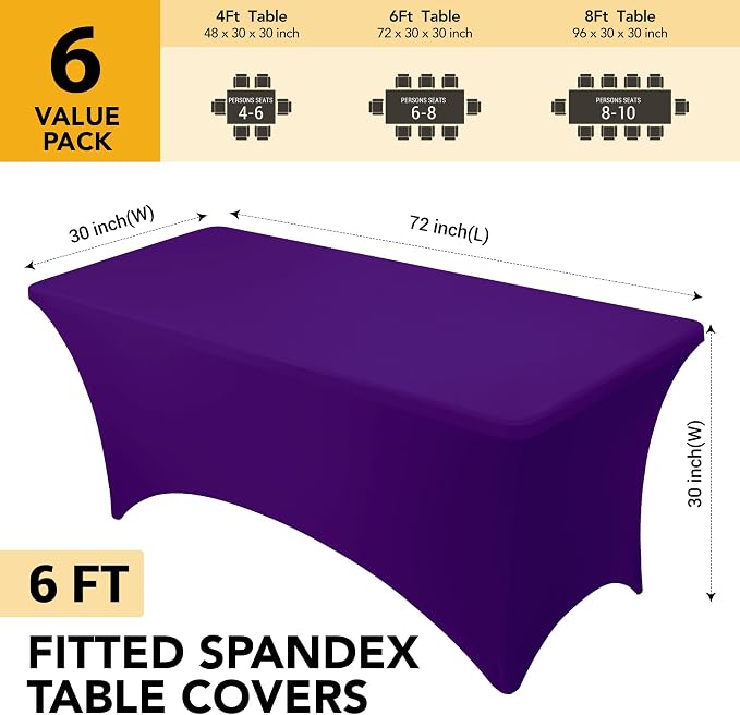 6-Pack Premium Purple Spandex Tablecloths for 6ft Rectangle Tables, Stain & Wrinkle-Resistant, Washable Stretch Polyester Fitted Table Cover for Weddings, Banquets, Trade Shows Events