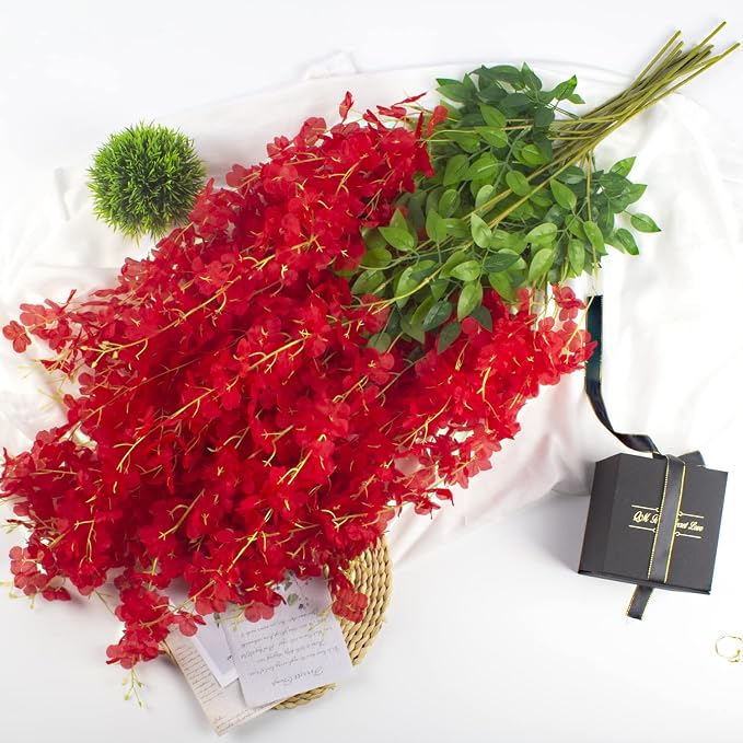 AITISOR 12 Pack Artificial Flowers Silk Wisteria Vine Ratta Hanging Flower (Red)