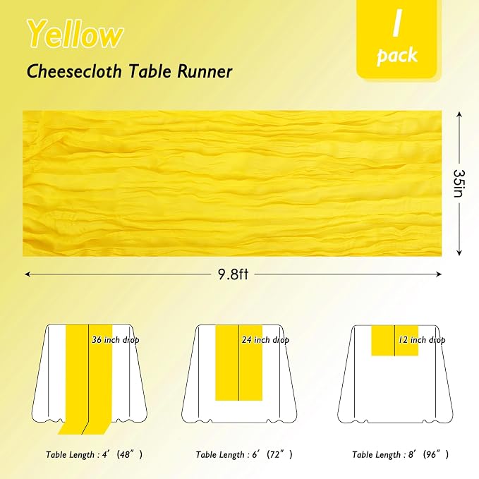 8 Pack Yellow Cheesecloth Table Runner 120 Inch 10FT Gauze Cheese Cloth for Spring Home Decor, Baby Shower, Birthday, Wedding Decoration