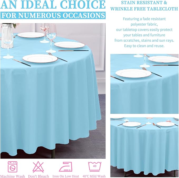 Showgeous 12 Pack Light Blue Round Tablecloth 90 Inch Polyester Table Cloth for Round Tables Washable Decorative Fabric Table Covers for Wedding Dining Party