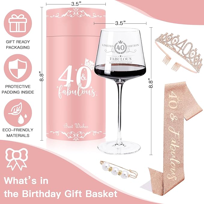 40TH Birthday Gifts for Women Her,40th Birthday Sash,Crown,Rhinestone Tiara,Vintage Engraved Wine Glass,40 Year Old Birthday Decorations For Her,Women,Mom,Wife,Friends,Sister-Turning 40 Present