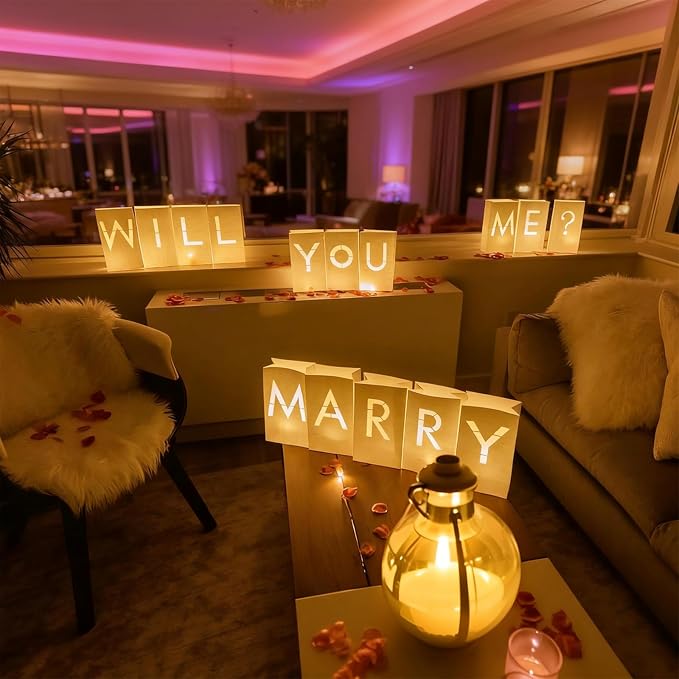 Will You Marry Me Decorations – Romantic Setup Kit with Light Up Letters, 30 Tea Light Candles, 2000 Rose Petals, 10 Balloons – Luminary Bags for Proposal Decoration(W)