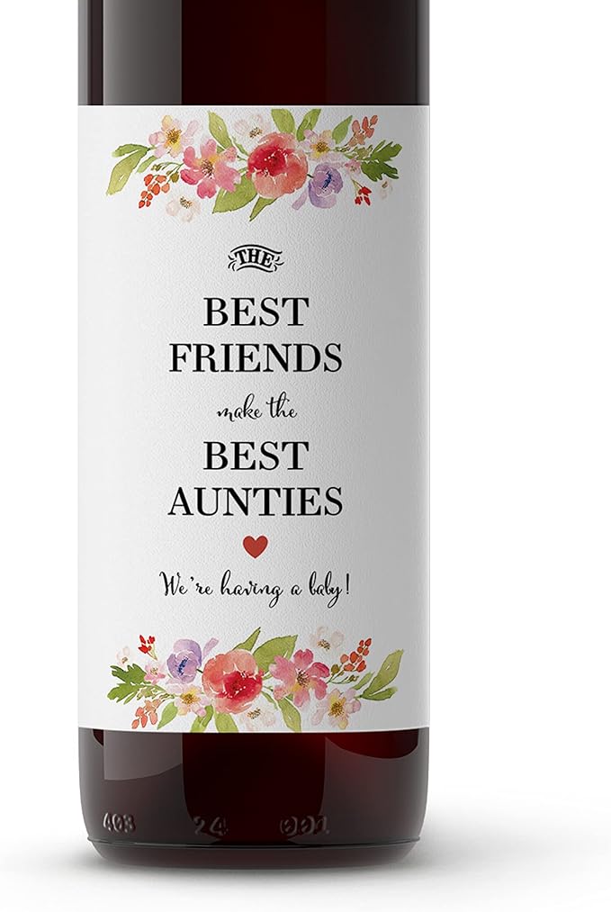 Floral Pregnancy Announcement Wine Bottle Labels ● SET of 6 ● The Best FRIENDS make the Best AUNTIES Wine Labels, Baby Due Wine Stickers, Alternative to Baby Announcement Cards, WEATHERPROOF, 905-6F1