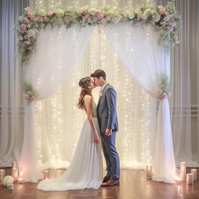 10x10ft White Tulle Backdrop Curtain with Lights String for Parites, Sheer Photo Backdrop Drapes with Lights for Wedding Ceremony Reception Baby Shower Bridal Shower Birthday Party Decorations