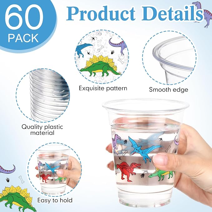 Funnymoom 60 Pack Dinosaur Cups 12 oz Disposable Clear Plastic Dino Theme Drinking Cups for Dinosaur Birthday Party Decorations Supplies
