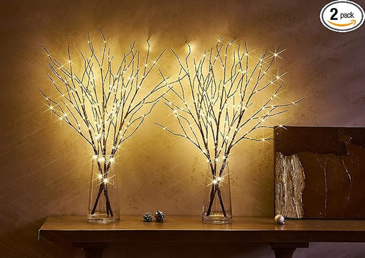 Fudios Branch Lights Plug in with Timer Willow Branches with Lights for Vase Twig 32IN 150 LED Outdoor and Indoor Holiday Party Decor 2Set Brown