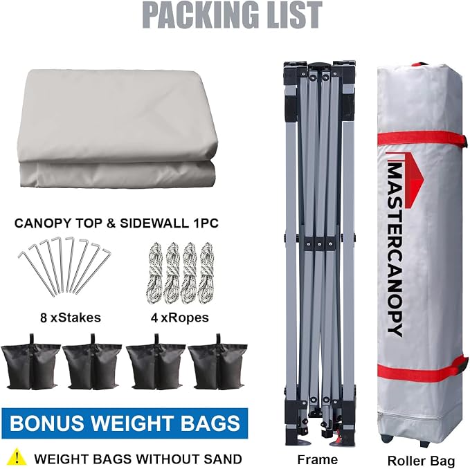 MASTERCANOPY 10x10 Pop Up Canopy Tent with 1 Sidewall, 1 Person Setup Instant Shelter, Outdoor Portable Beach Canopy, 1 Roller Bag, 4 Sandbags, 4 Ropes, 8 Stakes (10x10, Gray)