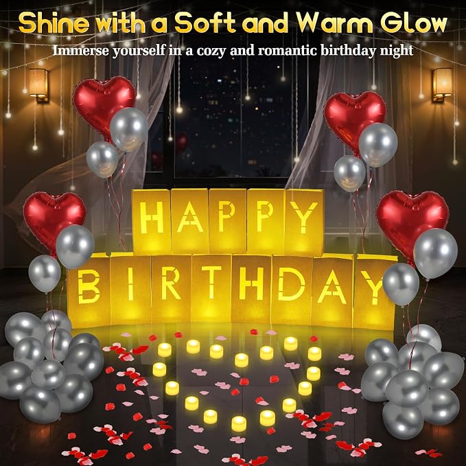 Lewondr Happy Birthday Decorations - Light up Letters with 6H Tea Lights Candles, Latex Balloons, Heart Aluminum Balloons and 2000 Rose Petals, Special Festival, Surprise Gifts Banner for Women & Men