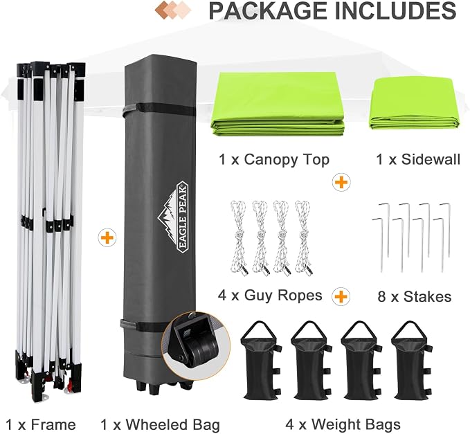 EAGLE PEAK Commercial Canopy 12x12 Pop Up Canopy Tent with 1 Sidewall, Easy Setup Heavy Duty Instant Event Shelter for Vendors & Markets, Outdoor Sun Shade, Neon Green