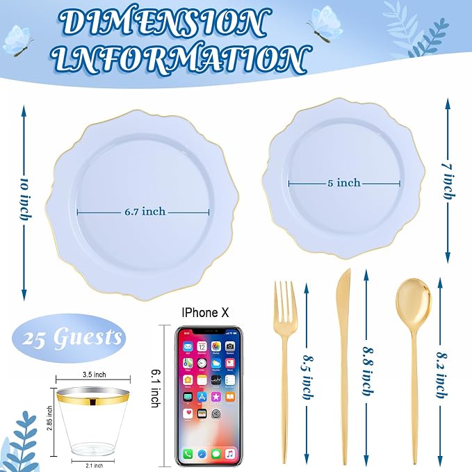 WDF 175Pcs Blue Plastic Plates - Heavy Duty Baby Blue Plates Disposable - 25Guests Plastic Dinnerware Ideal for Parties/Wedding/Baby Shower/Spring/First Communion/Father‘s Day