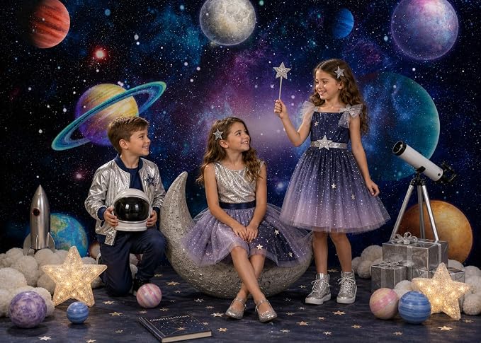 Outer Space Backdrop Starry Galaxy Birthday Party | 118 x 95.6 in, Polyester, Outer Space Theme, Lightweight, Reusable, Washable, Birthday Decor, Photo Backdrop