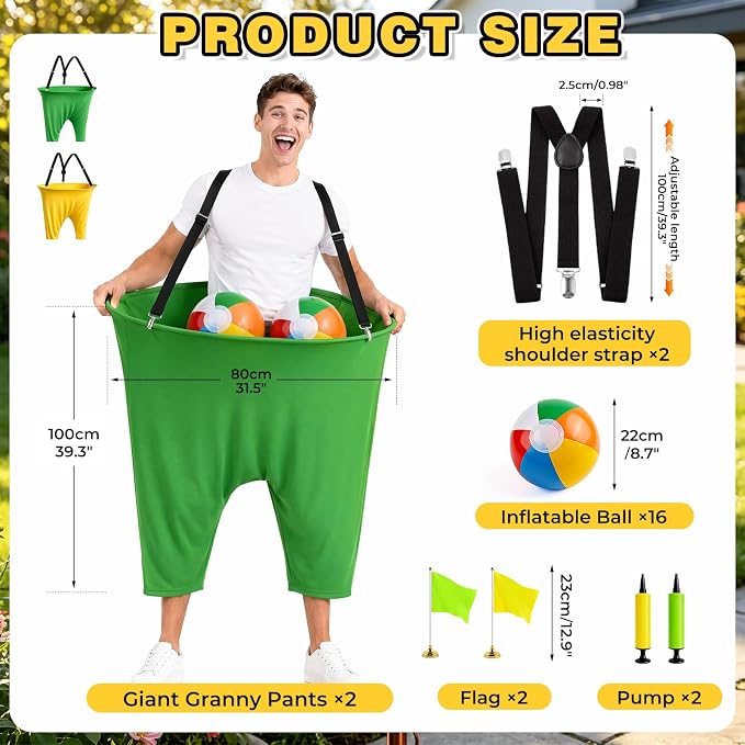 Granny Pants Yard Game Set, Giant Yard Games with 20 Bouncy Balls, 4 Suspenders, Pumps & Flags, Funny & Outdoor Games for Adults and Family, Huge Backyard Games for Lawn, Camping & Party Games