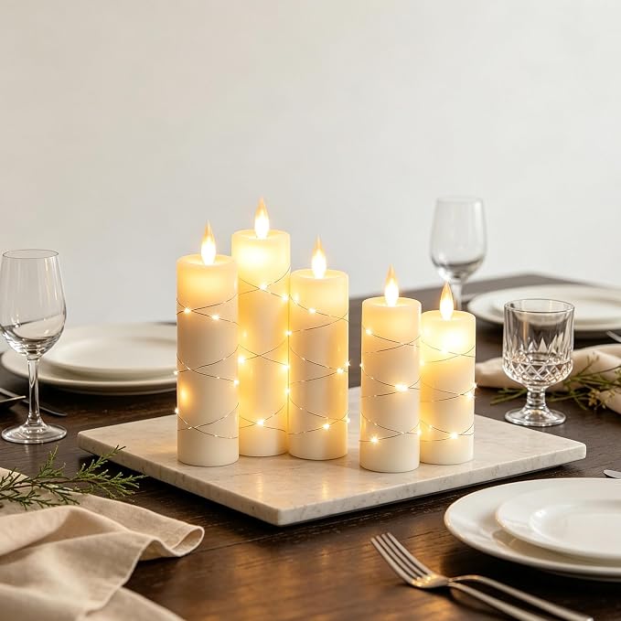Da by 5 Pack Ivory Real Wax Flameless Taper Candles, Lifelike Flickering LED Flame Candles with Surrounding Fairy String Lights, Battery Candles with Remote for Home Wedding Holiday Decor