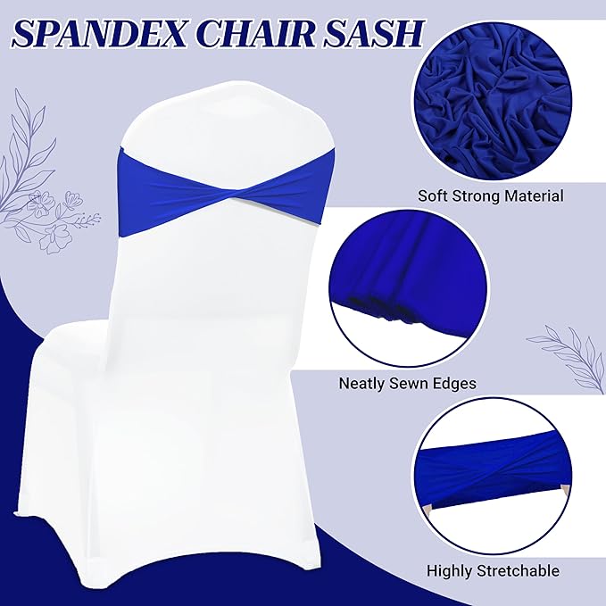 MDS Pack of 100 Spandex Chair Sashes Bows Elastic Stretch Dining Chair Bands Ties Without Slider Buckle Universal fits for Wedding Baby Shower Birthday Party Banquet Event Decoration - Royal Blue