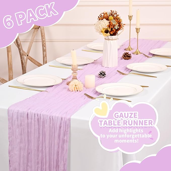 6 Pack Cheesecloth Table Runner,Light Purple Table Runner Long Romantic Semi Sheer Rustic Boho Gauze Table Runners for Wedding Bridal Shower Birthday Party Decorations(17.7×108 Inch)
