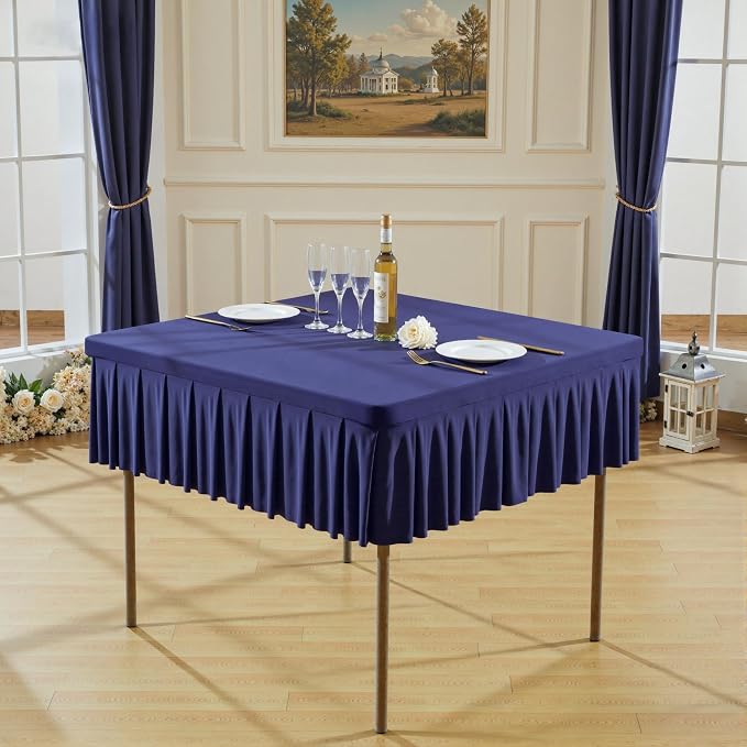 34x34 Inch Navy Blue Spandex Square Tablecloth,Wrinkle Free Navy Blue Fitted Table Cloth for Square Tables,Washable Pleated Table Cover for Wedding Birthday Cocktail Party Buffet Dinner Camping