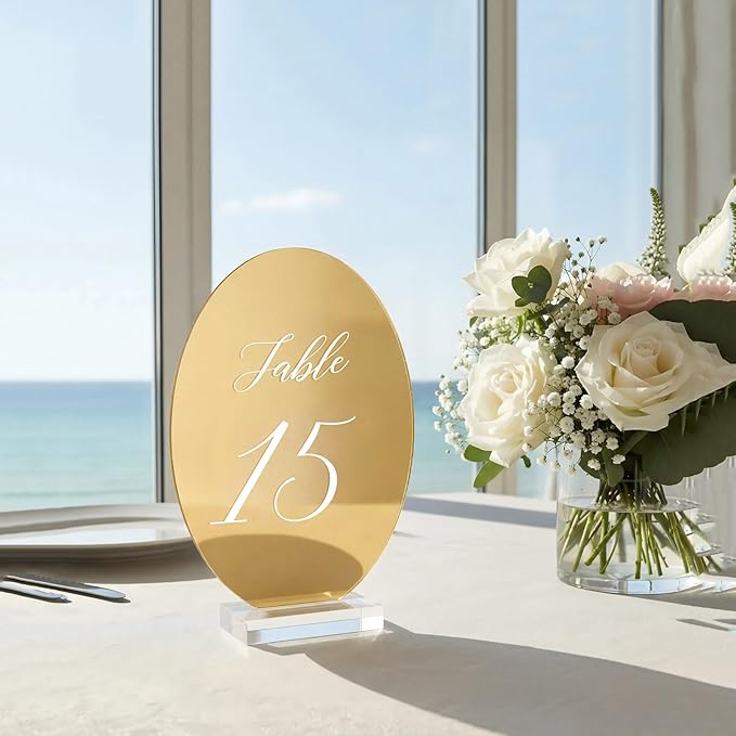 Novabright Oval Wedding Table Number Plates 1-15 with Transparent Stand - 5x7 Inch Acrylic Mirror Gold Table Number Signs Holders, Suitable for Wedding Receptions, Parties, Anniversaries and Events