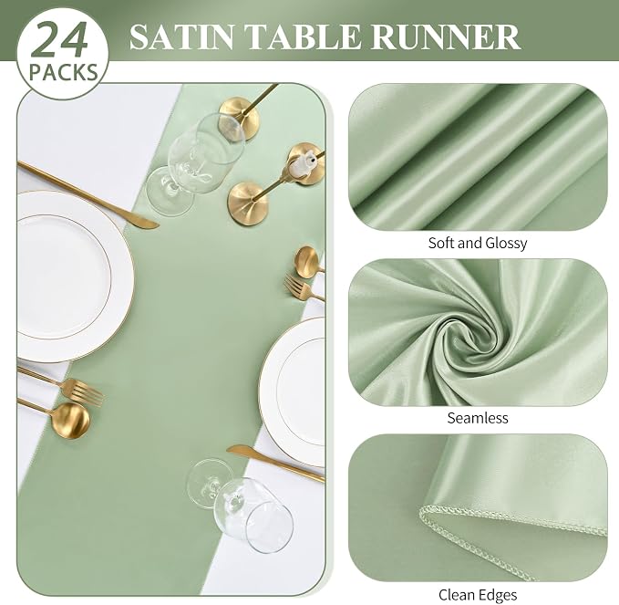 24 Pack Sage Green Satin Table Runners, 12 x 108 Inch Long Table Runners for Rectangle Round Tables,Smooth Satin Table Runner for Wedding,Birthday Party Banquets Graduation Engagements Decoration