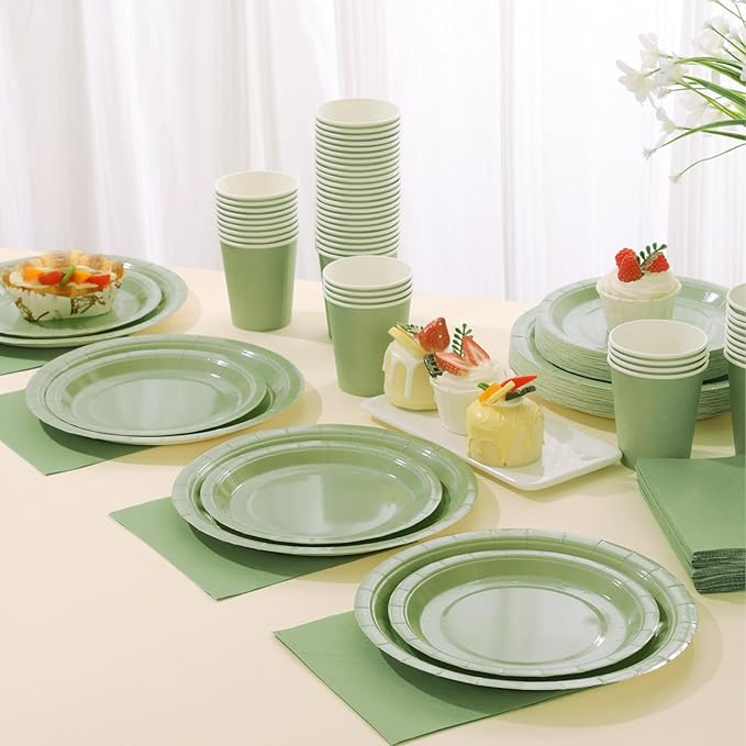 Sage Green Paper Plates, Plates and Napkins Party Supplies 200 Pcs, Greenery Bridal Shower baby decorations Birthday Serves 50, Medium