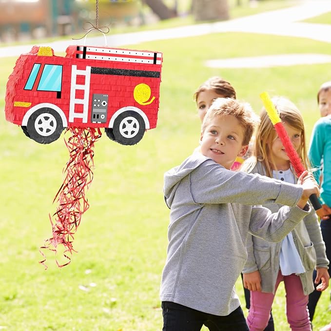WERNNSAI Fire Truck Piñata - Firetruck Birthday Decorations Piñata for Boys Kids Firefighter Truck Theme Birthday Party Game Decorations Bundle with Blindfold and Bat