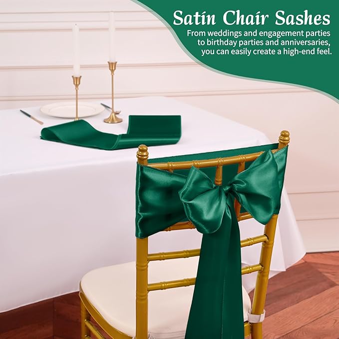 60 PCS Forest Green Chair Sashes, Ties Bows Designed Sashes for Washable Reusable Chair Covers Supplies for Wedding Reception Events Banquets Party Hotel Event Aisle Decorations (7 x 108 inch)