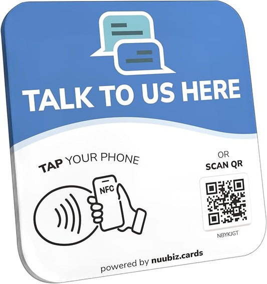 NFC Business QR Code Sign Plate for Live Customer Chat – Drive Offline Engagement Online – Works Like Review Tap Card & Social Media Sign – No App or Fees – Includes Stand or Adhesive