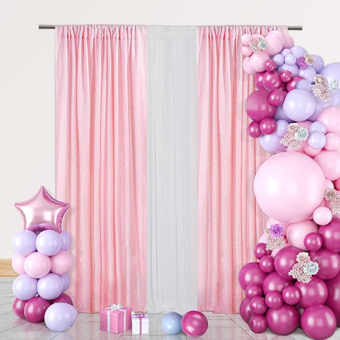 PartyDelight Pink Sequin Backdrop Curtains 2x8ft 2 Panels | 3mm stitched sequin curtain with 4 inch rod pocket for 2x8ft 2 panel doorway window side drape narrow photo booth strip