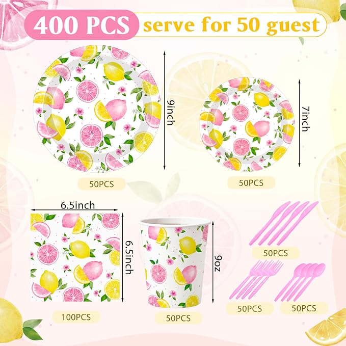 Funnymoom 400 Pcs Pink Lemon Party Supplies for 50 Guests Summer Pink Lemon Birthday Paper Plates and Napkins Knives Spoon Fork Cup Set Cutlery for Lemonade Theme Birthday Summer Bridal Shower