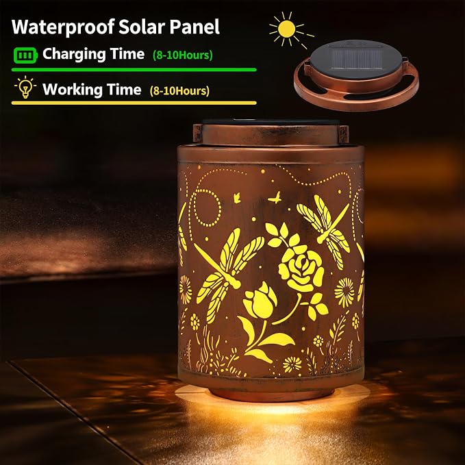 2 Pack Solar Lanterns Garden Decor Birthday Gifts for Women Mon Grandma Metal Hanging Solar Lights Waterproof Outdoor Decoration for Outside LED Lanterns for Yard (Dragonfly)