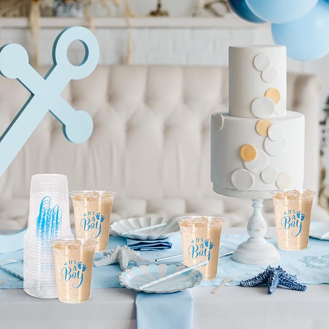 Whaline 50 Pcs Baby Shower Plastic Cups 16oz It's A Boy Clear Drinking Cup Blue Boy Gender Reveal Disposable Cups for Birthday Party Table Decoration Supplies