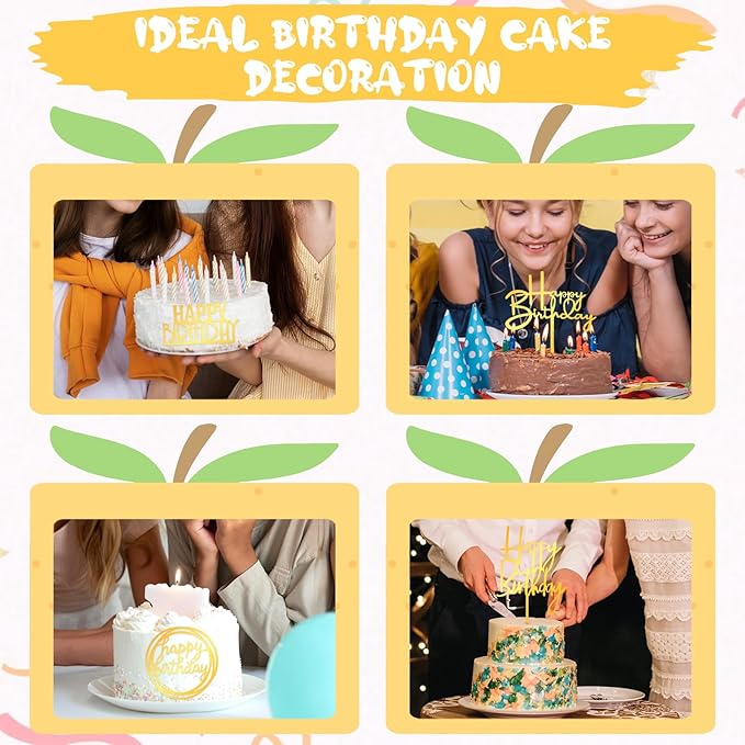 150pcs Gold Happy Birthday Cake Toppers Bulk Mirror Acrylic Cupcake Topper Double-Sided Dessert Decorations for Girls Women's Happy Birthday Sign for Cake Side Cupcake Decorations Party Supplies