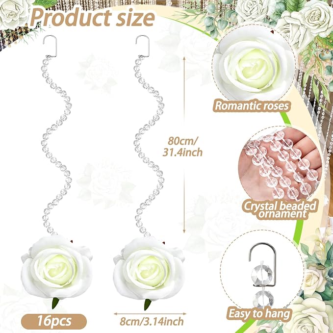 Norme 16pcs 31.4 Inch Wedding Rose Hanging Garland Crystal Beaded String Garland Artificial Rose Flower Decor for Wedding Engagement Bridal Shower Party Valentine's Day Party Decorations
