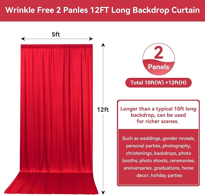 10ftx12ft Red Backdrop Curtains for Wedding-Wrinkle Free Backdrops Curtain Drapes Fabric Decorations Photo Back Drop Cloth for Baby Shower Photography 2Panels 12ft(H) x 5ft(W)