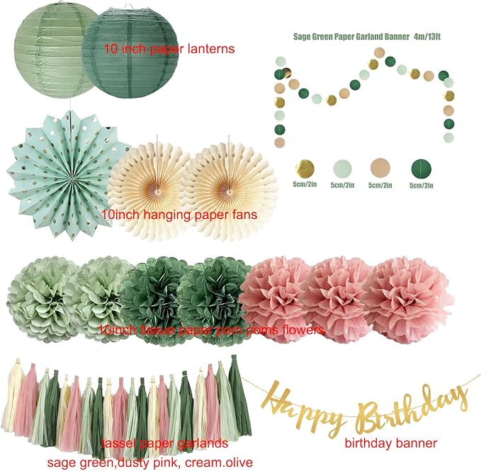 Sage Green and Pink Happy Birthday Party Decorations Dusty Pink Sage Green Tissue Pom Poms Paper Lanterns Beige Paper Fans Tassel Garlands for Women Girls Birthday Baby Shower Decoration