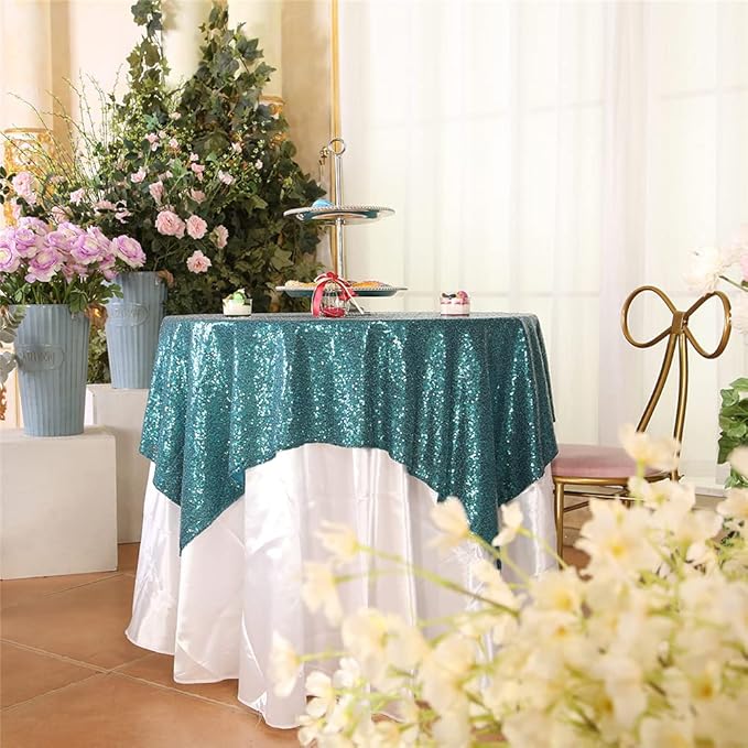 Eternal Beauty Teal Tablecloth, 50x50 Inch Sequin Square Table Cover for Cake Dessert Exhibition Party Birthday Events