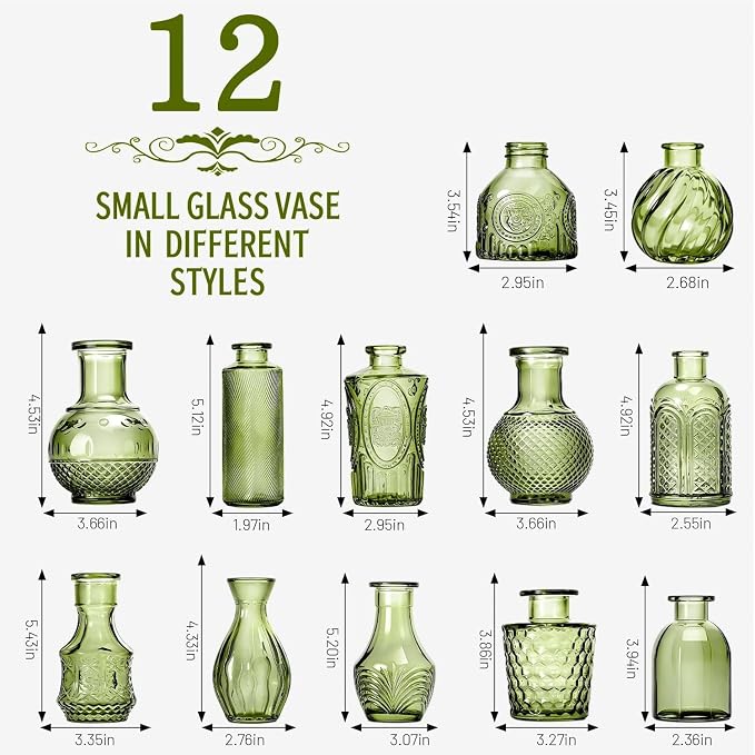 Mini Bud Vases Centerpieces for Tables,Clear Bud Vases for Flowers,Small Flower Vases Suitable for Birthday Party,Anniversary,Wedding Reception,Baby Shower (Green, 12PCS)