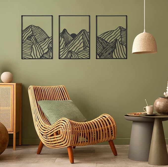Peryiter 3 Pcs Metal Wall Art Decor Landscape Mountain Wall Hanging Decor for Living Room Abstract Minimalist Modern Mountain Line Pictures Bathroom Office Home Gifts Indoor(Black)
