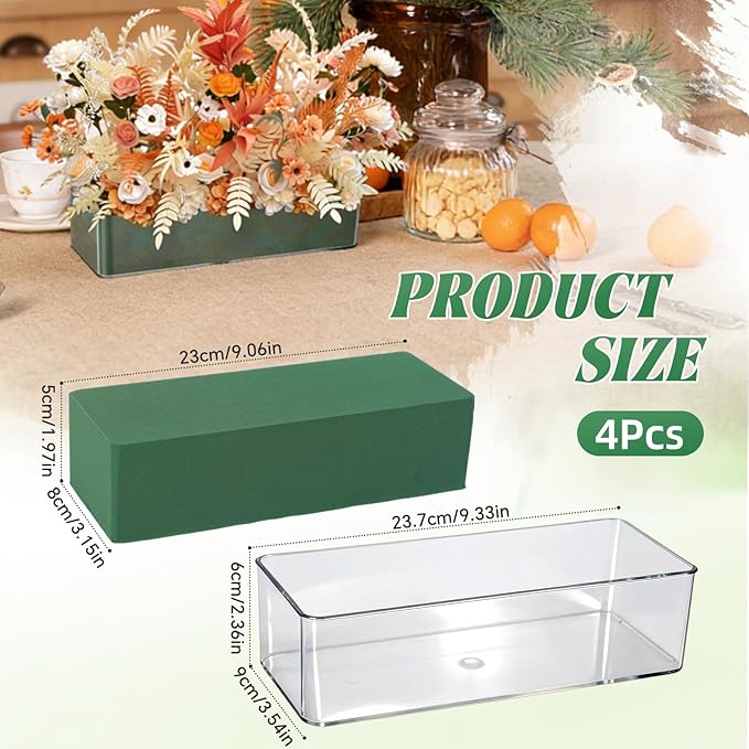 4 Set Rectangle Acrylic Planter Box 9 x 3.5 Inch Flower Boxes for Arrangements Clear Plastic Flower Box with Removable Foam Blocks Liner for Centerpiece Home Wedding Garden Decor