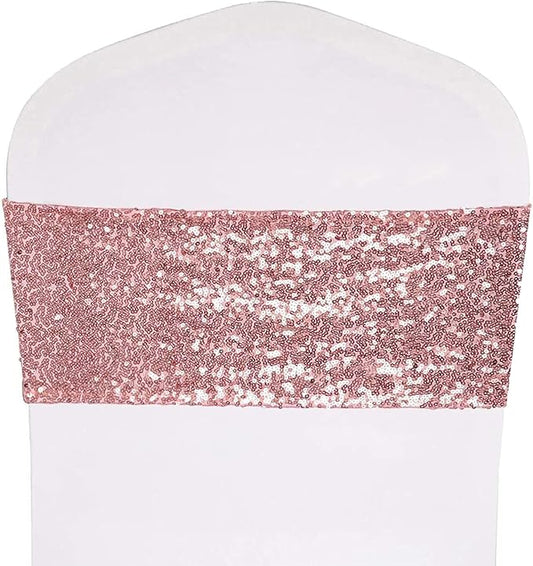 Pack of 50 Stretch Sequin Chair Sashes Chair Bands One-Sided Sequins Decor for Hotel Wedding Reception Events Party Chair Cover Decoration (Rose Gold)