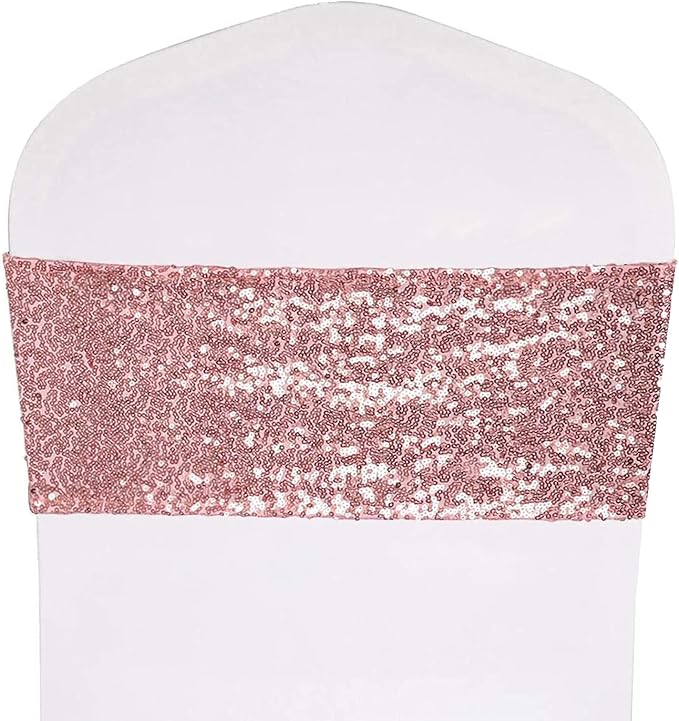 Pack of 25 Stretch Sequin Chair Sashes Chair Bands One-Sided Sequins Decor for Hotel Wedding Reception Events Party Chair Cover Decoration (Rose Gold)